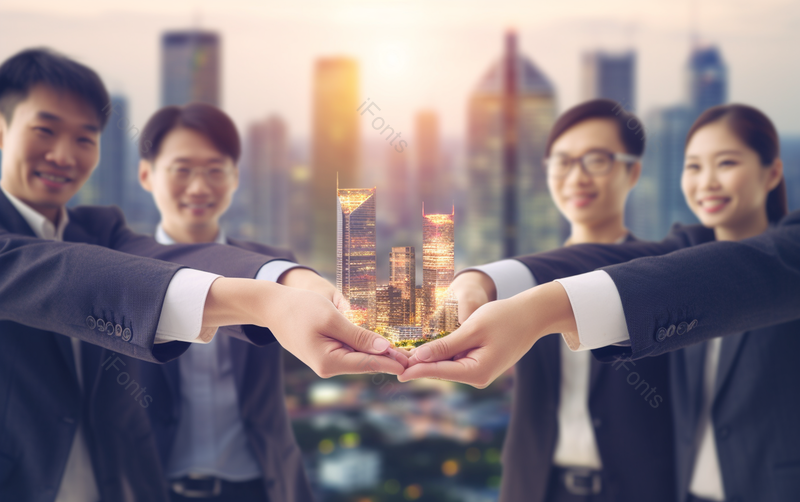 四个房产销售手托起新楼盘金融贸易商务房产科技领导业务员公司企业建筑合作背景,高清,摄影图,摄影图片,图片大全,摄影图免费下载